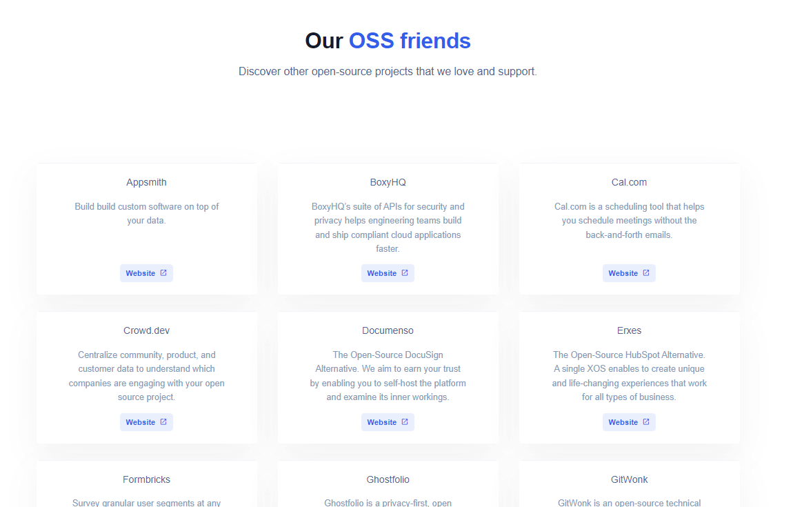 screenshot of the OSS friends page showing a grid of project names and descriptions