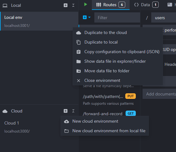 context menus to create cloud environments