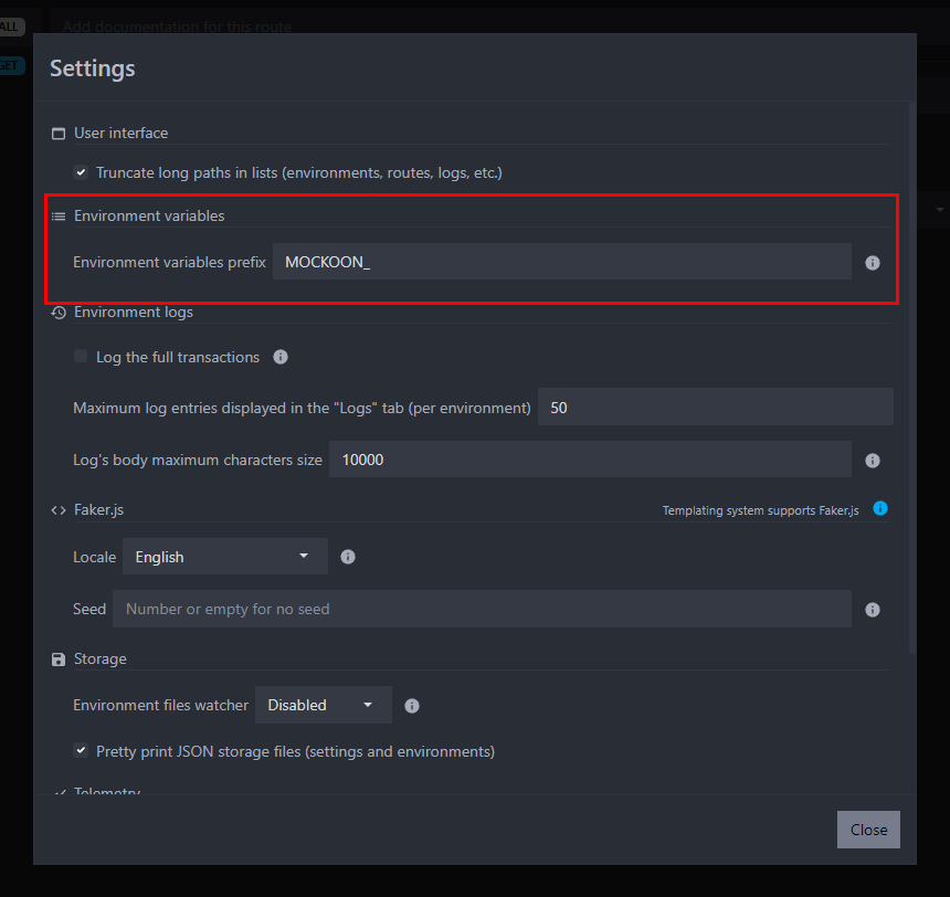 application settings modal with the prefix input highlighted