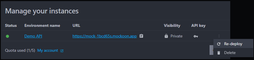 deployment management dialog re-deploy or delete the instance menu