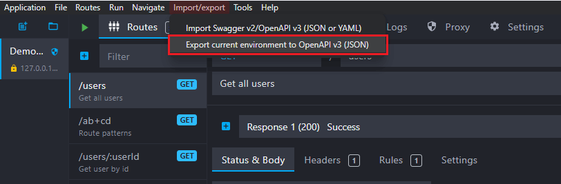 Click on Export current environment to OpenAPI v3 (JSON)