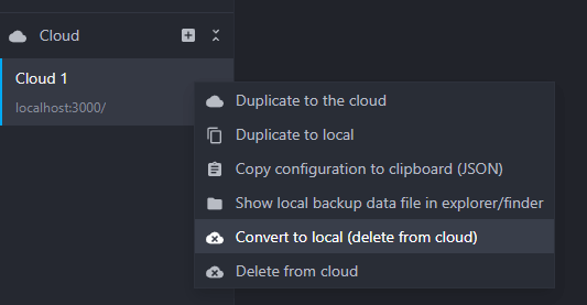 context menu to convert a cloud environment to local