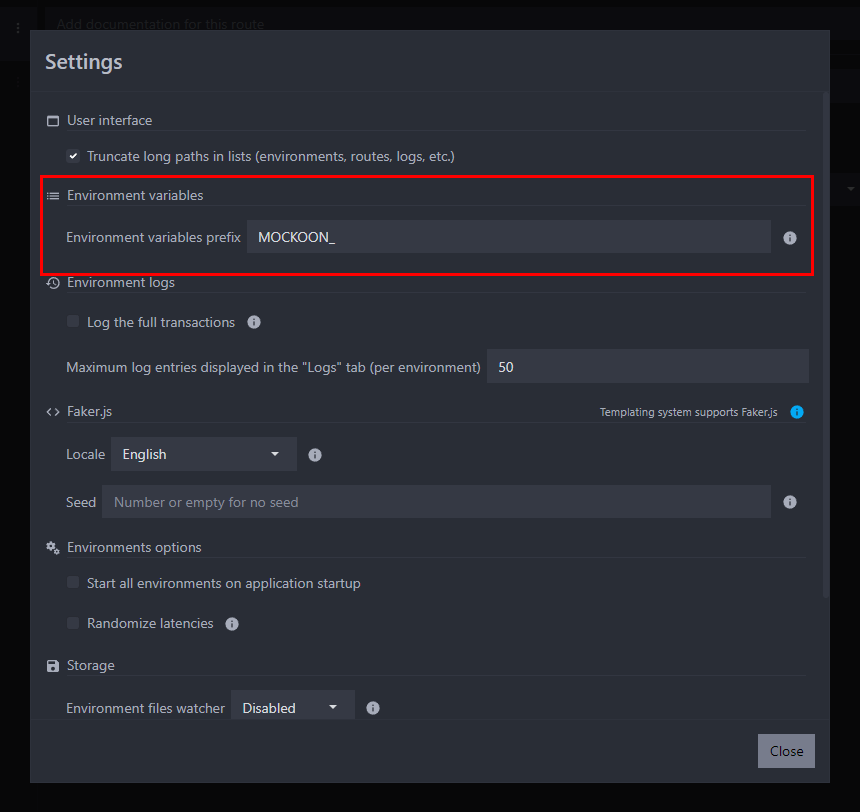 application settings modal with the prefix input highlighted