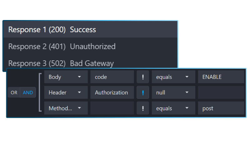 Mockoon application screenshot showing response rules configuration