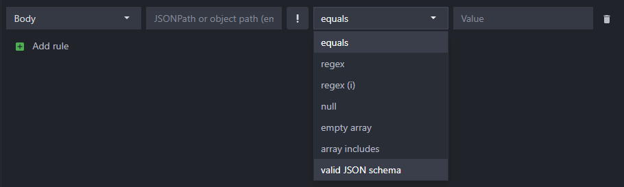 new valid JSON schema rule operator shown in dropdown menu