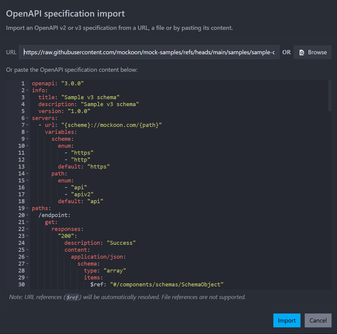 view of the OpenAPI import in the web application