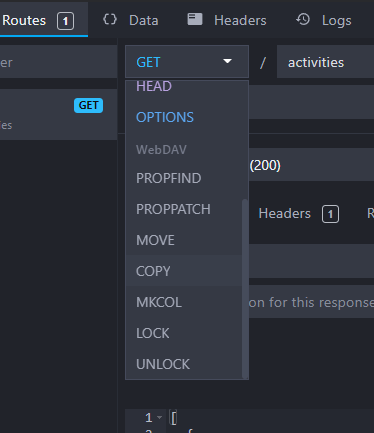 mockoon interface showing webdav specific http methods