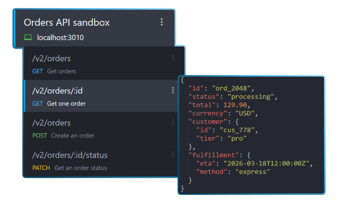 Mockoon application screenshot showing sandbox environment setup