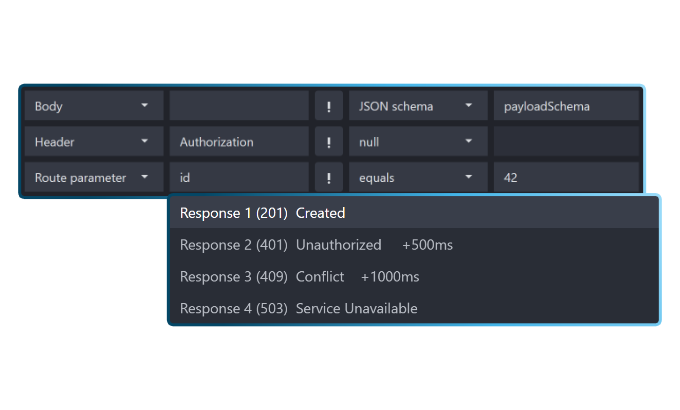 Mockoon application screenshot showing service behavior controls
