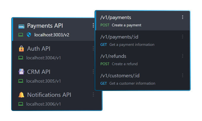Mockoon application screenshot showing third-party API virtualization