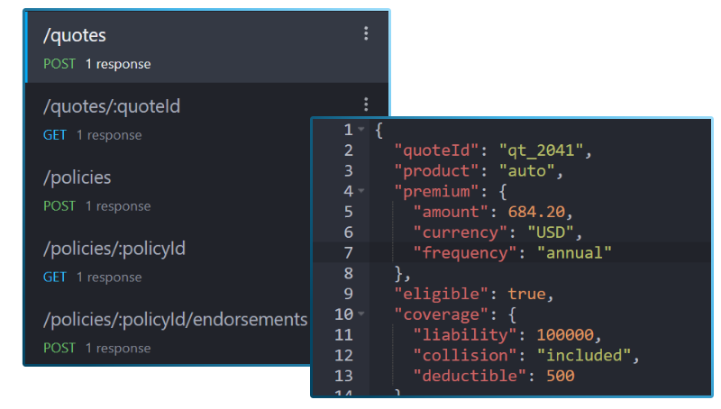 Illustration of an insurance quote and bind API flow