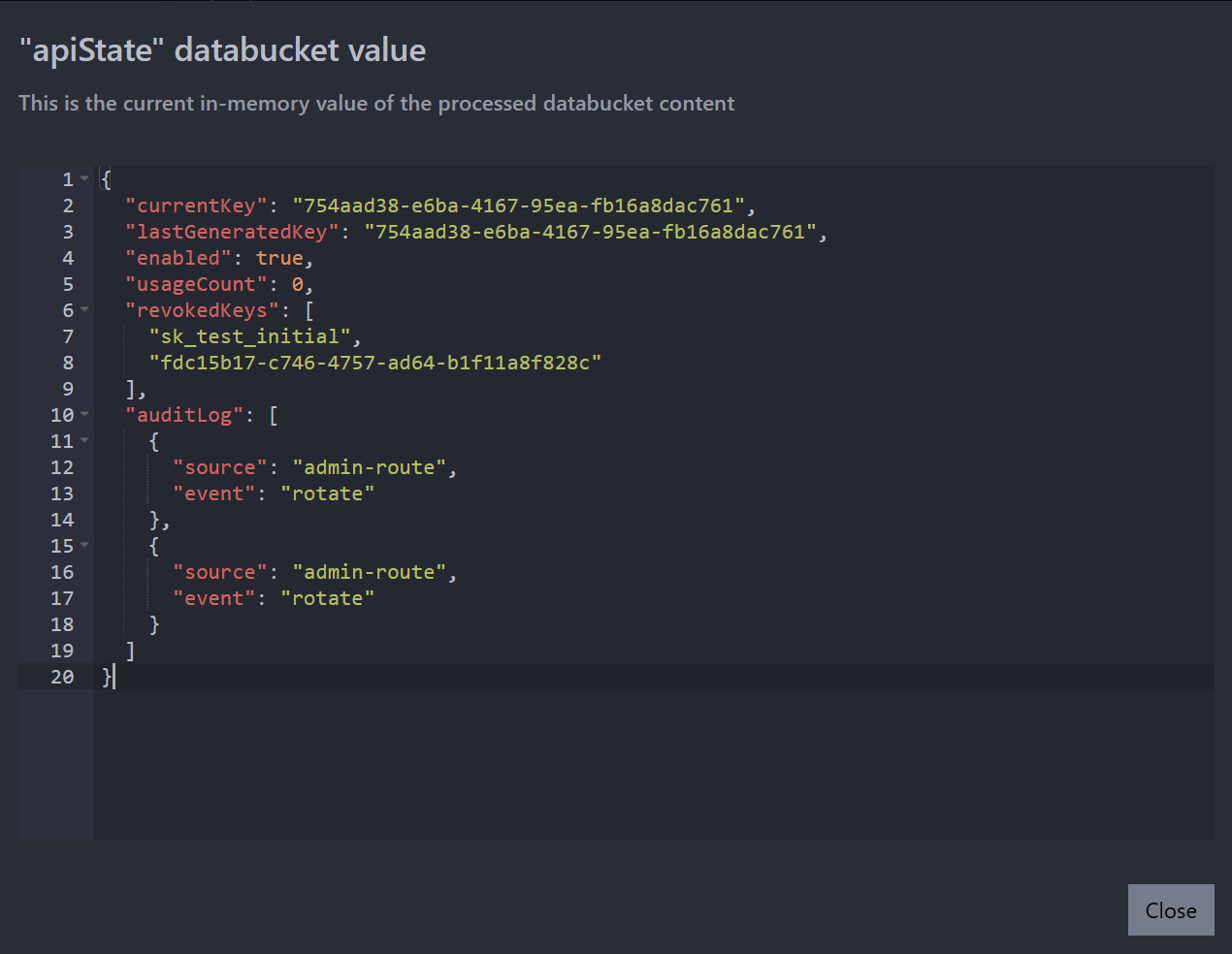 Live bucket state showing the new API key and audit log