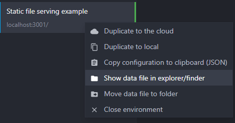 environment context menu showing the "Show in folder" option