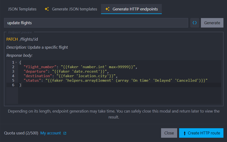 view of the ai assistant dialog generating an HTTP endpoint to update an object representing a flight