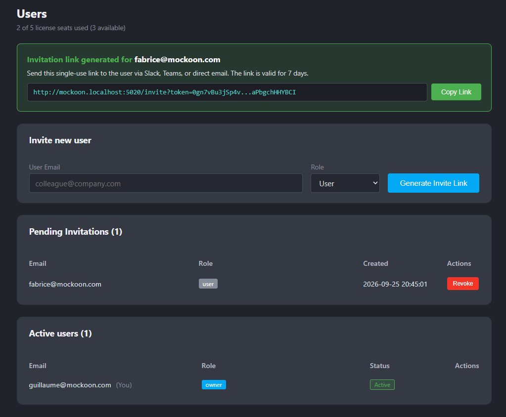 Mockoon Pro users management page
