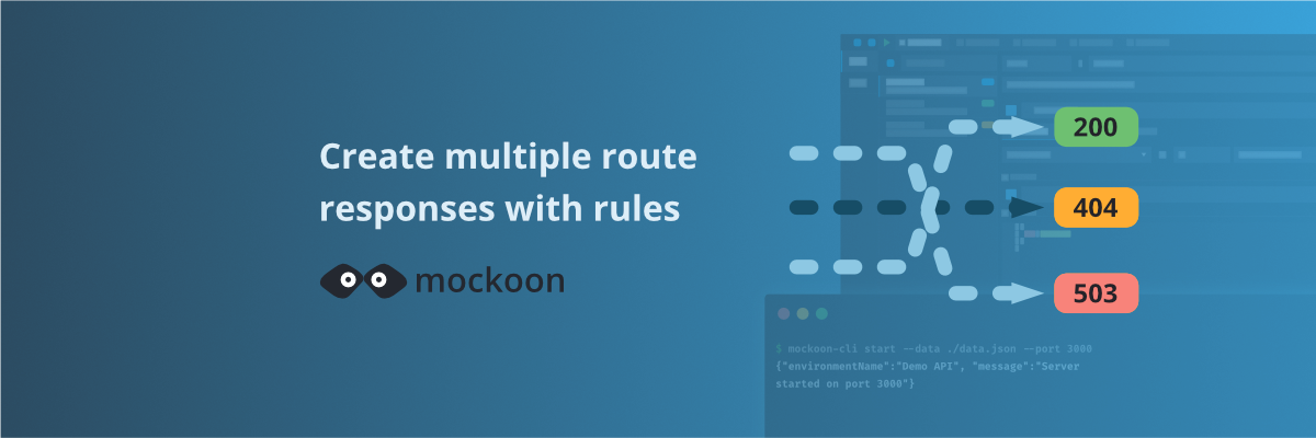Mockoon logo and computer icon linked with lines representing routes