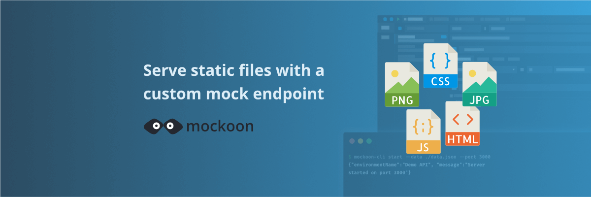 mockoon logo next to multiple images symbolizing static files
