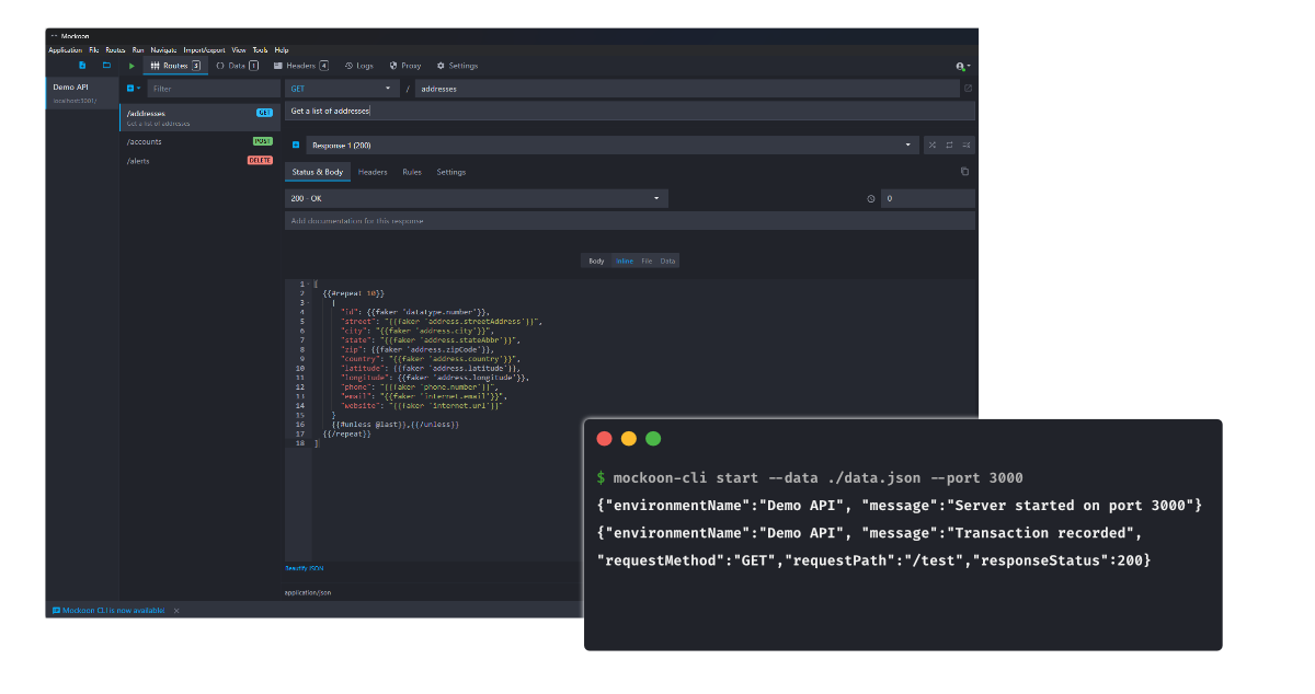 Screenshot of the Mockoon desktop application and CLI
